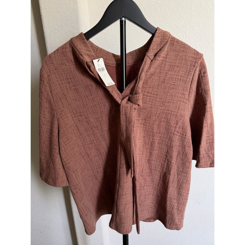 Anthropologie Mauve-Rust Brown Textured  Tie-Neck Short Sleeve Blouse L